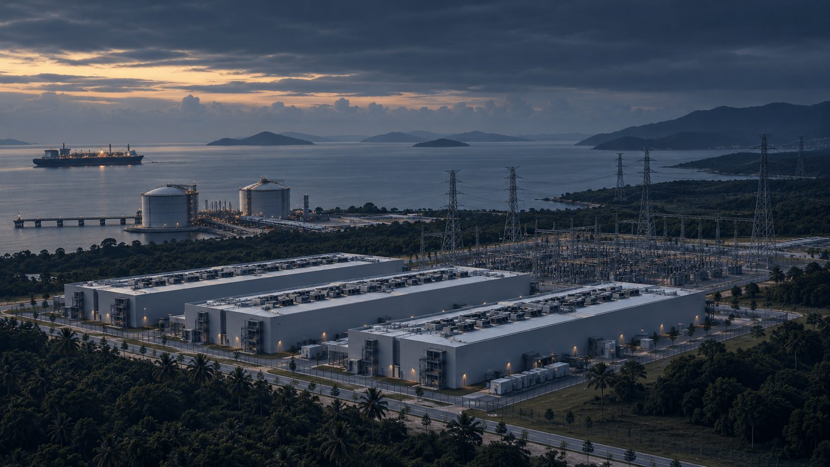 Industrial waterfront at dusk