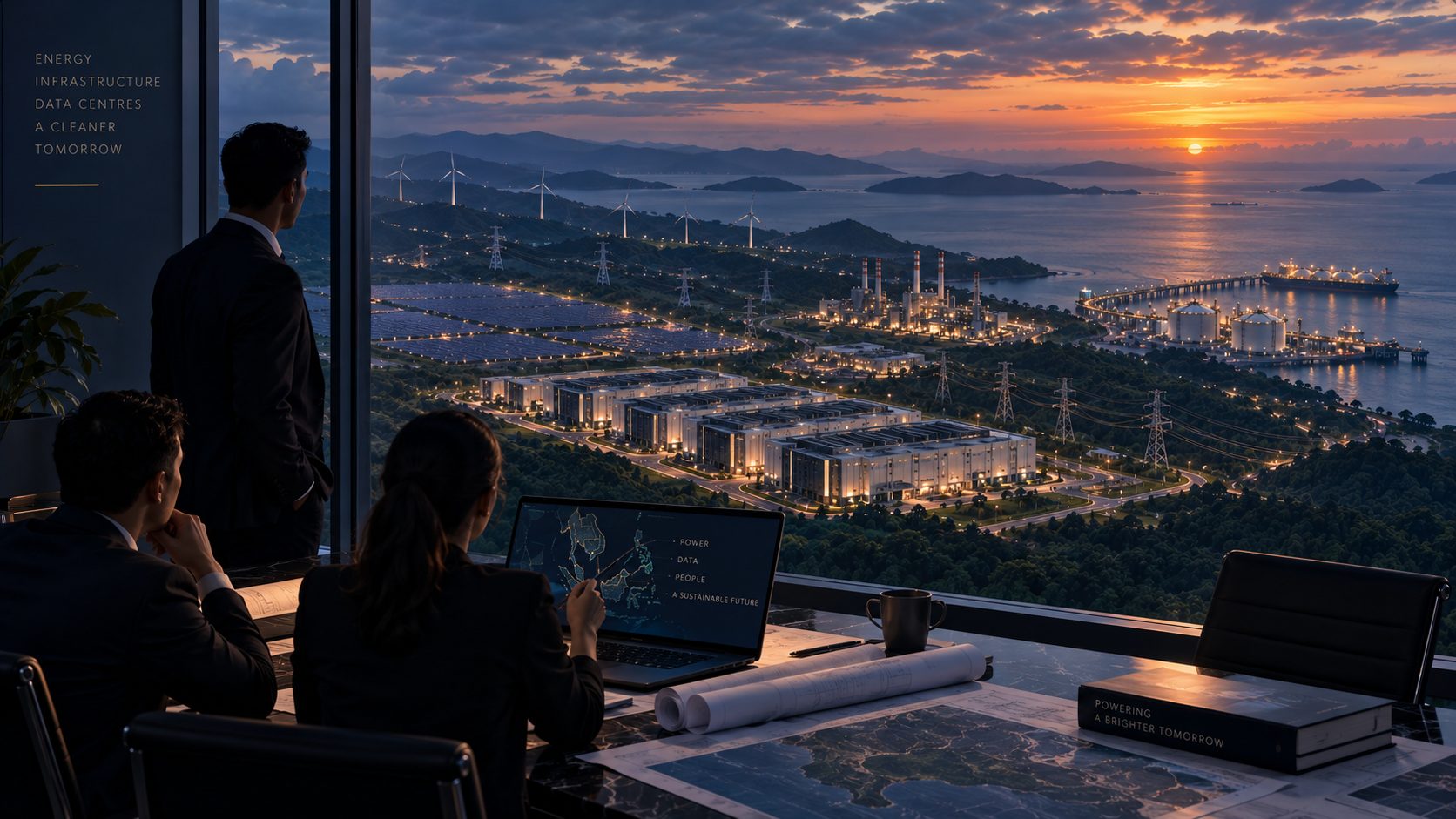Velterra team overlooking integrated power and data infrastructure at dusk