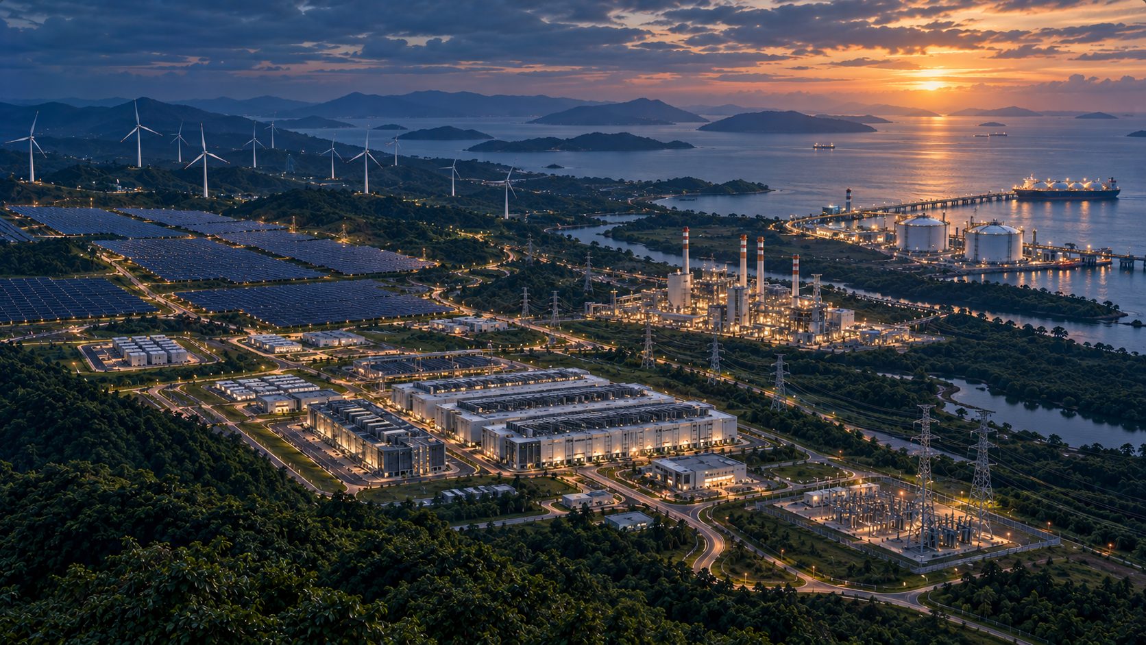 Integrated power, data and LNG infrastructure at dusk